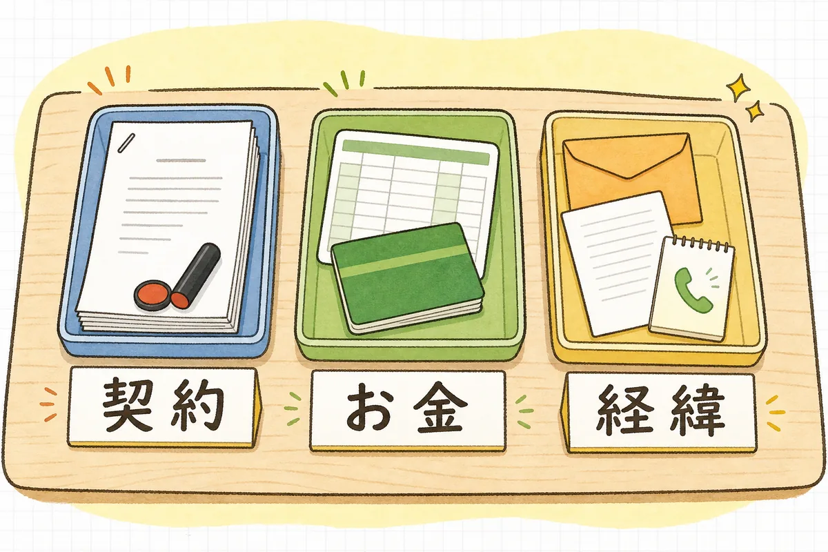 机の上の三つのトレーに、契約の書類、入金の記録、やりとりの記録が分けて置かれている図