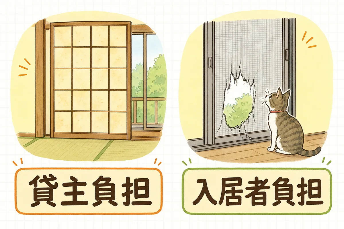 日に焼けて色あせた障子と、猫の爪で破れた網戸を左右に並べ、それぞれの負担先を示した図