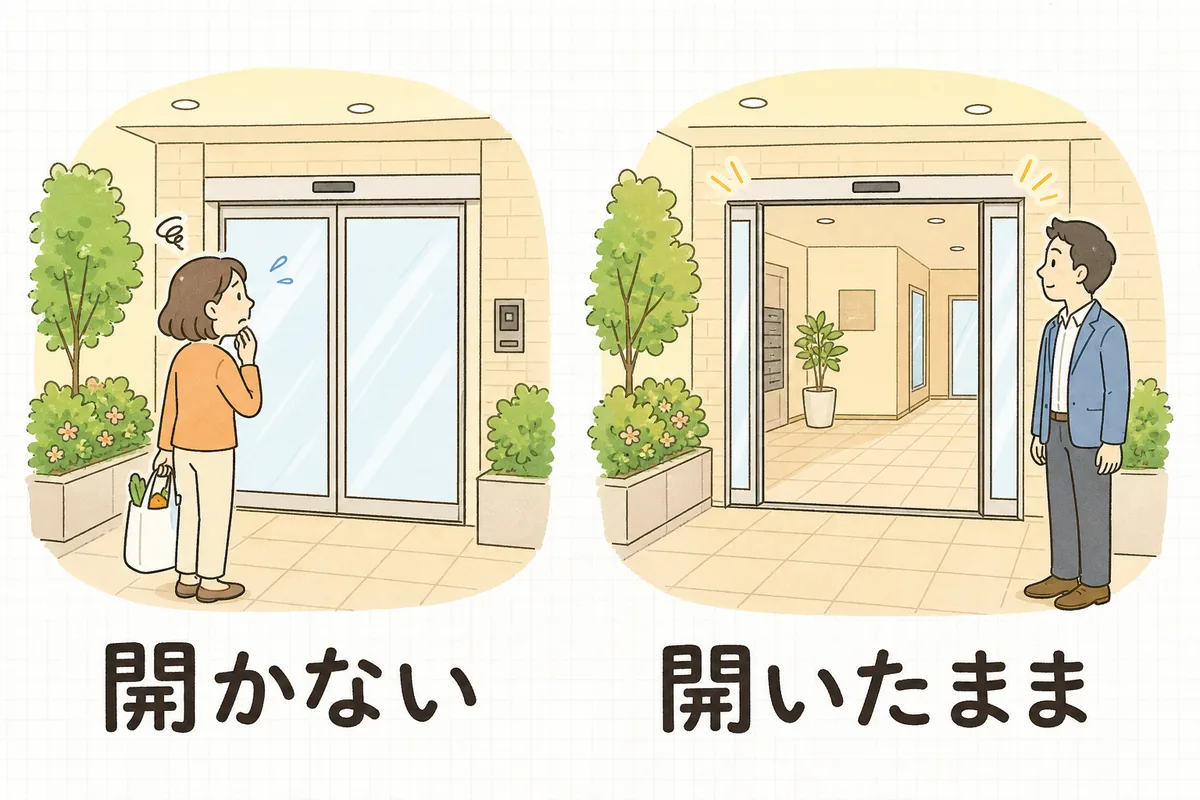 左にエントランスの前で建物に入れずに困っている住人、右に開いたままになった自動ドアの前で管理担当者が立っている場面を並べ、それぞれの下に不具合の型を示した図