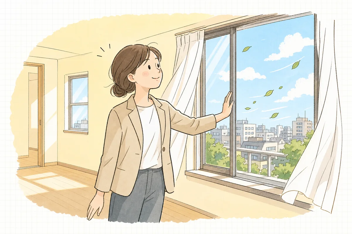 入居が決まった部屋で、明るい表情で窓を開ける賃貸管理担当者