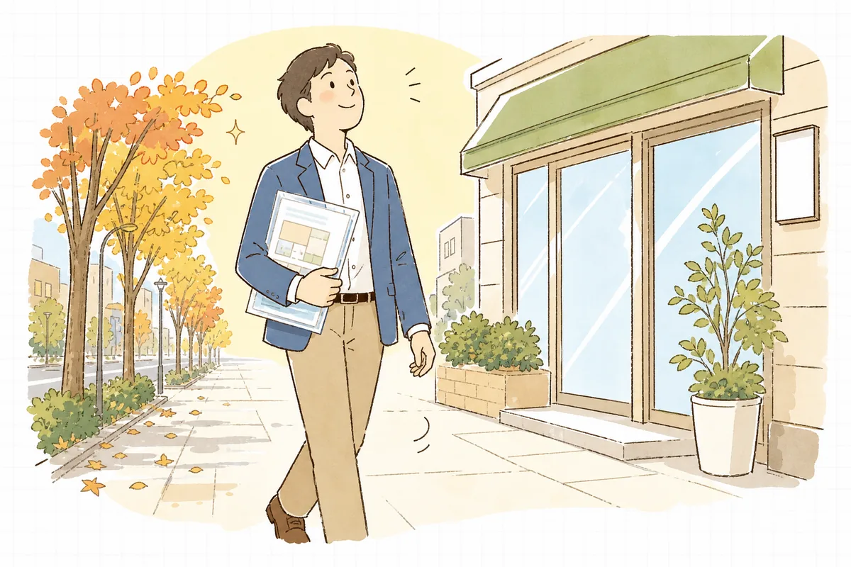 書き直した募集図面を手に、明るい表情で仲介会社の店舗へ向かう賃貸管理担当者