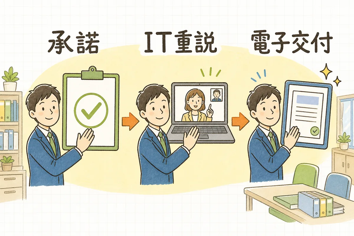 重要事項説明から契約書交付までを電子で進める流れを三つの段階で並べた概念図