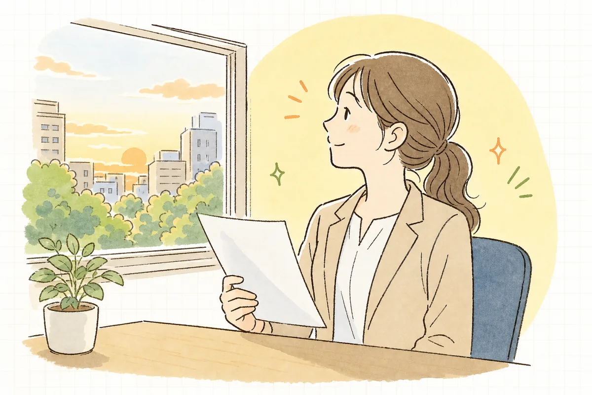 自己点検を終えた一覧表を手に、窓辺で穏やかに前を向く賃貸管理担当者