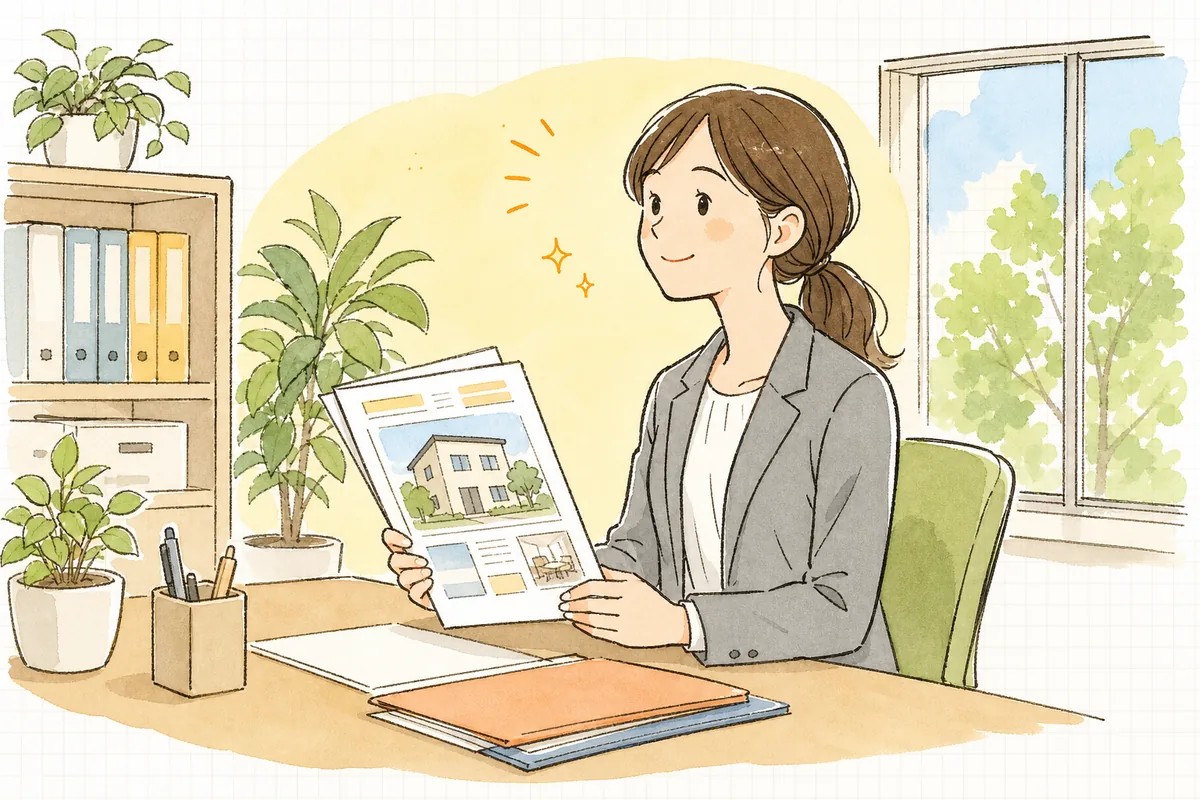 仲介会社との連絡を終え、募集資料を整えて前向きな表情を見せる賃貸管理担当者