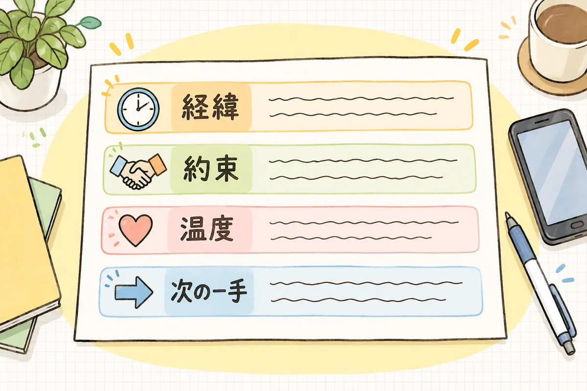 経緯・約束・温度・次の一手の4つの欄が、それぞれ時計・握手・ハート・矢印の絵とラベルで並んだ申し送りメモの図