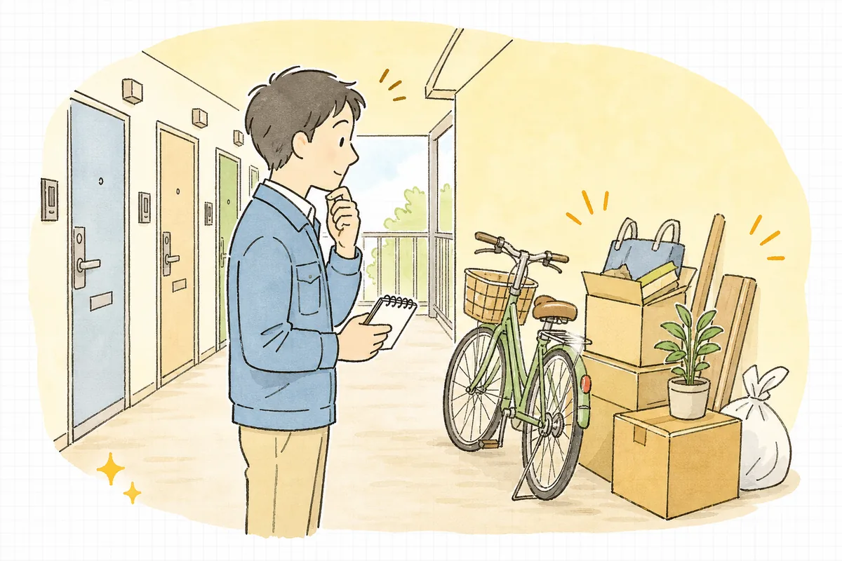 集合住宅の共用廊下に置かれた私物を前に対応を考える賃貸管理担当者