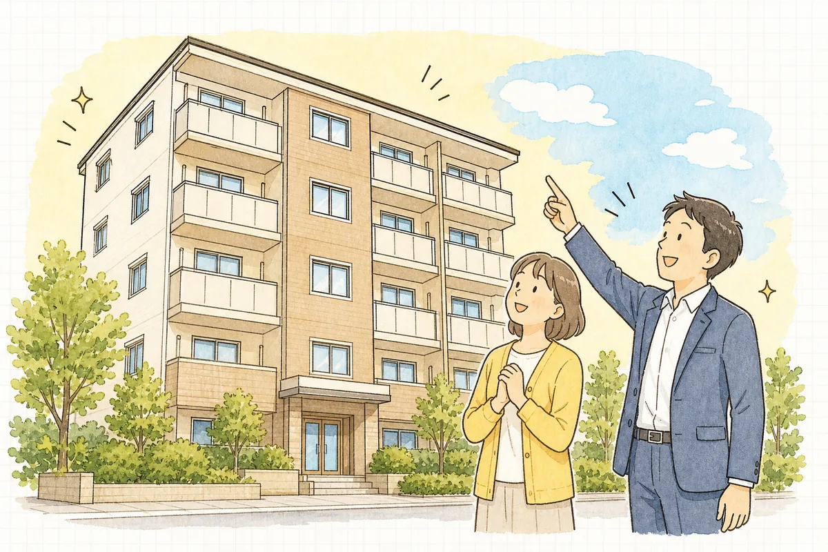 足場が外れて外壁がきれいになった集合住宅を、住人と一緒に見上げている賃貸管理担当者
