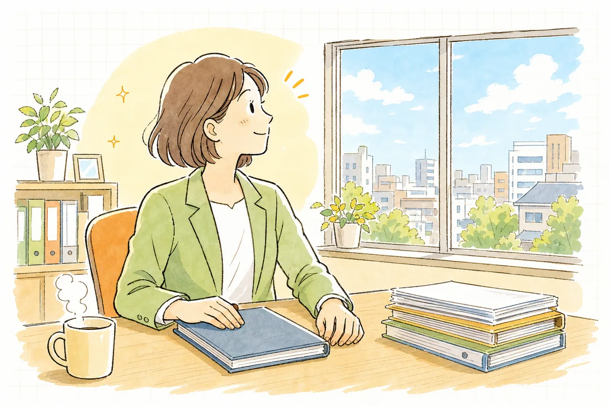 朝の明るいオフィスで、督促記録のノートを閉じて肩の力を抜き、穏やかに前を向いている賃貸管理担当者