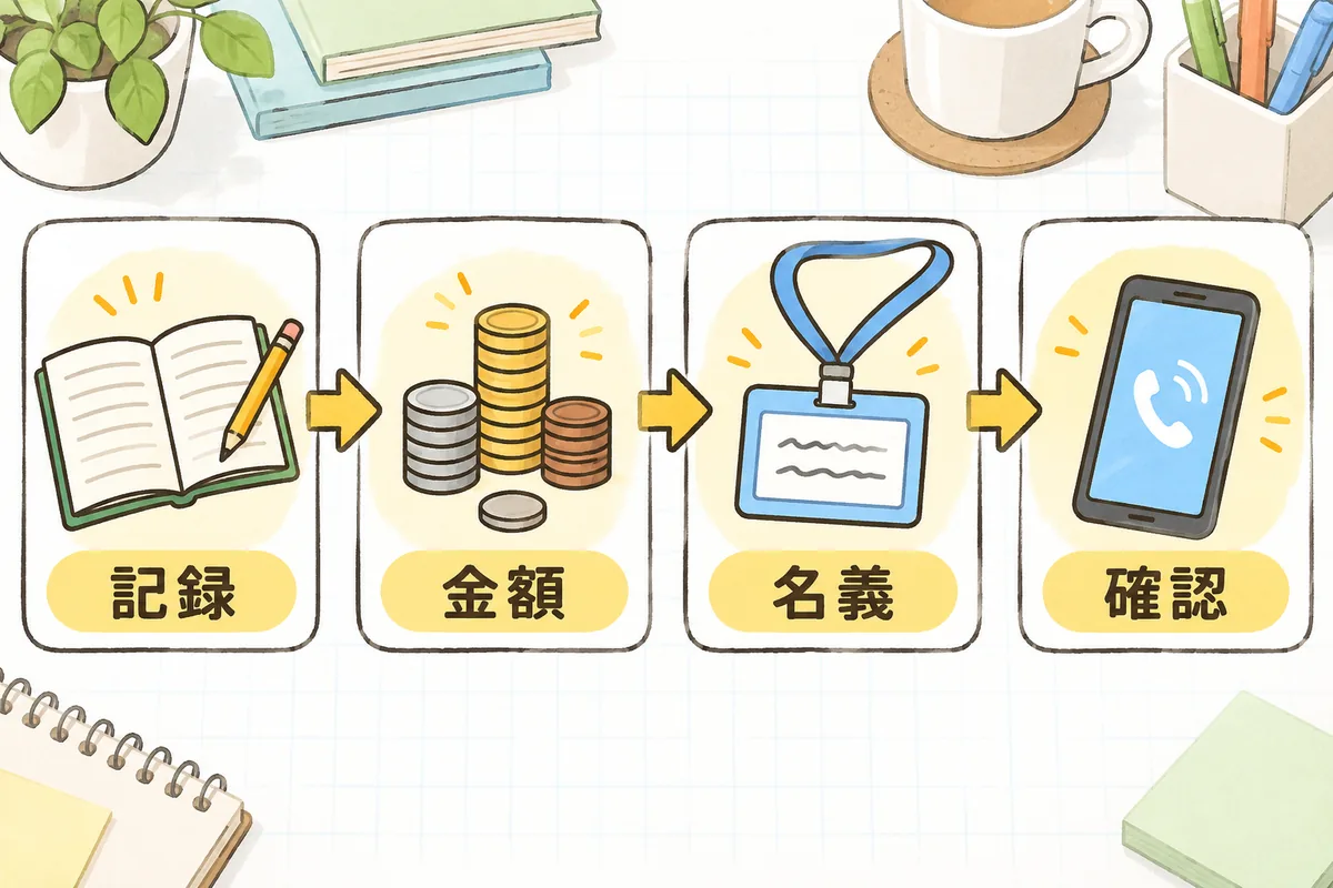 ノートと鉛筆、硬貨の山、名札、スマートフォンの絵が左から順に矢印でつながり、それぞれ記録・金額・名義・確認のラベルが付いた手順の図