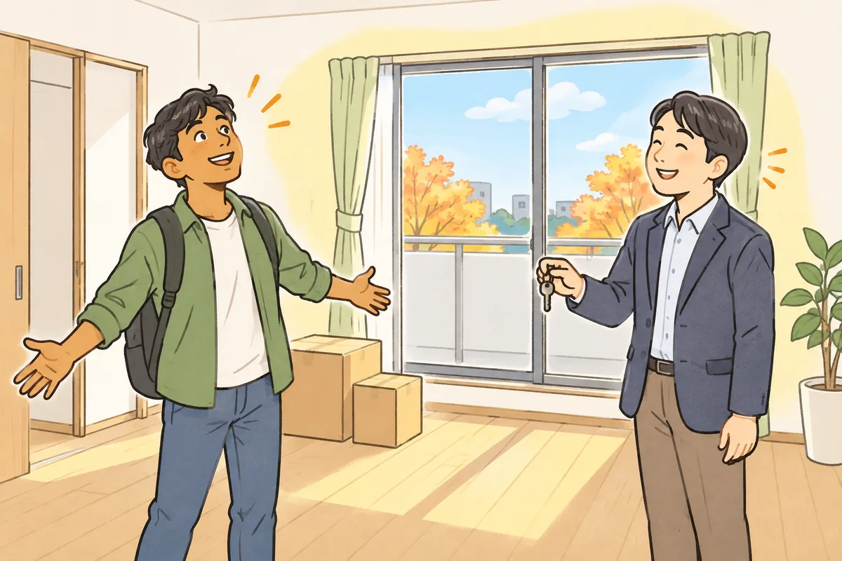 新しい部屋の窓辺で、鍵を手にした管理担当者と外国籍の入居者が笑顔で入居の日を迎えている様子
