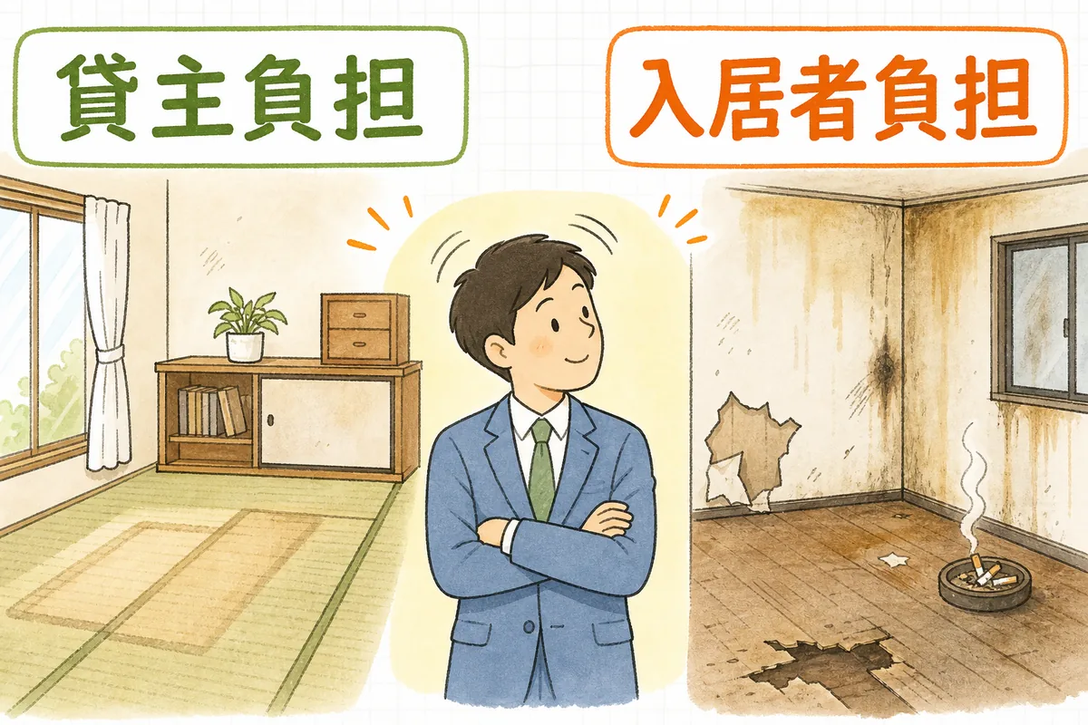 自然な劣化と入居者の損傷を見比べて負担の境目を確かめる賃貸管理担当者
