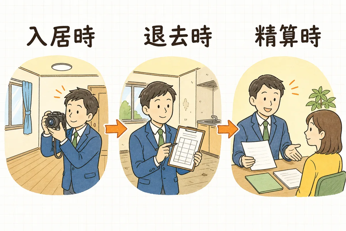 入居時・退去時・精算時の3場面を順に追って確認を進める賃貸管理担当者