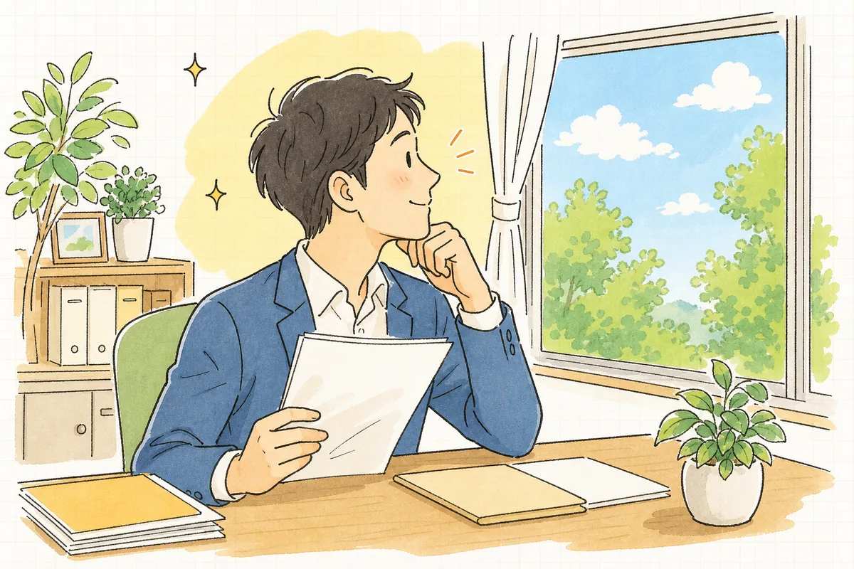一つの精算をやり遂げ明るい窓辺でほっと一息つく賃貸管理担当者