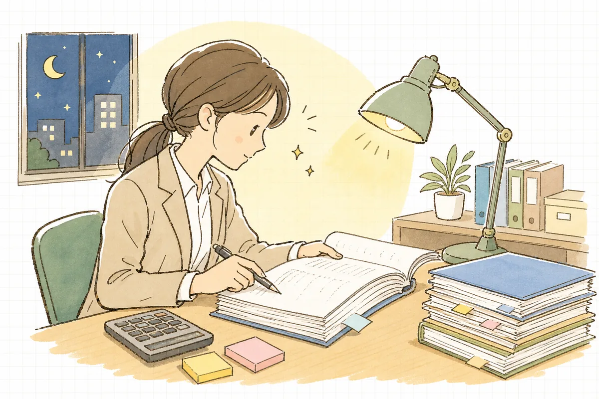 机に原状回復ガイドラインの冊子を広げ、退去精算の判断を確かめる賃貸管理担当者