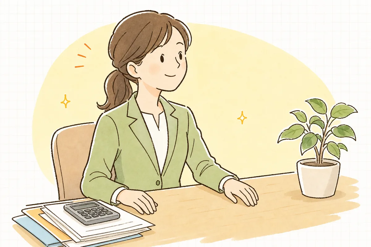 精算の根拠を整理し終え、穏やかな表情で前を向く賃貸管理担当者