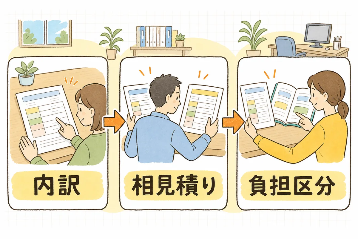 原状回復の見積りを確認する三つの手順を、内訳を見る・相見積りを取る・負担区分と照らす、の順で並べた図