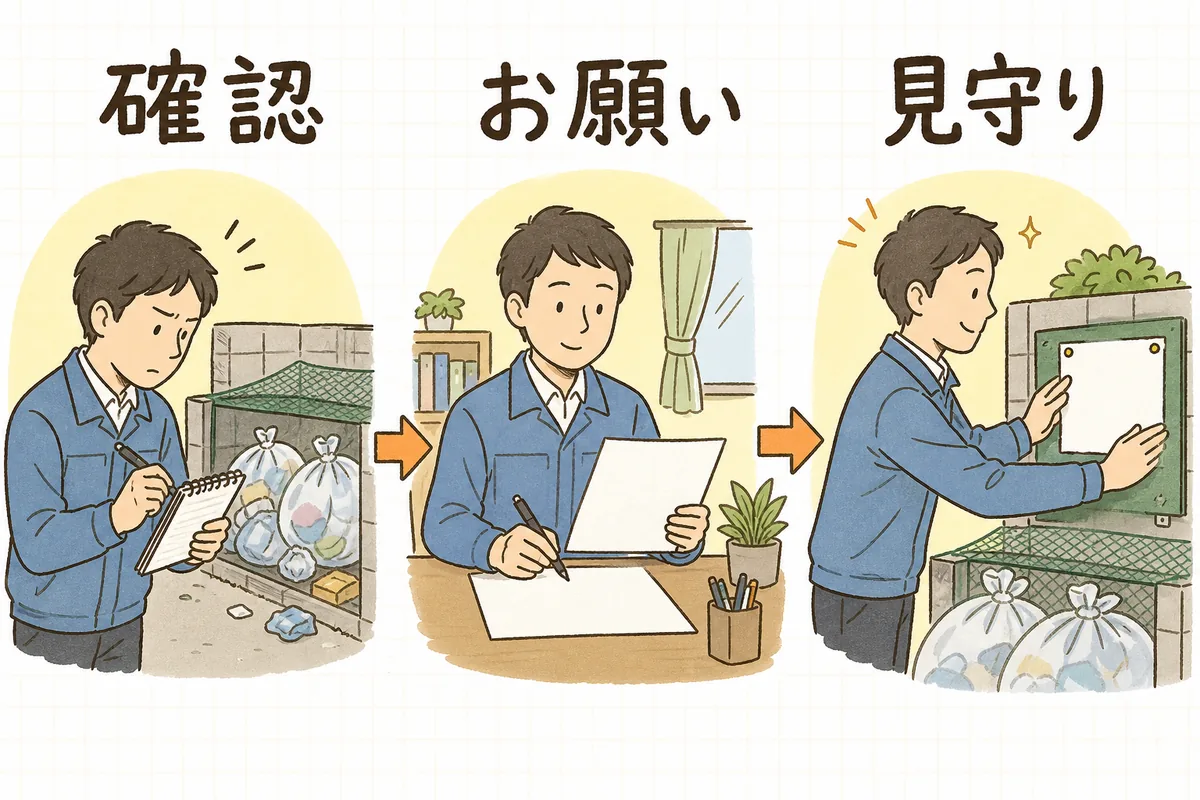 確認・お願い・見守りの三段階でゴミ出し対応を進める賃貸管理担当者
