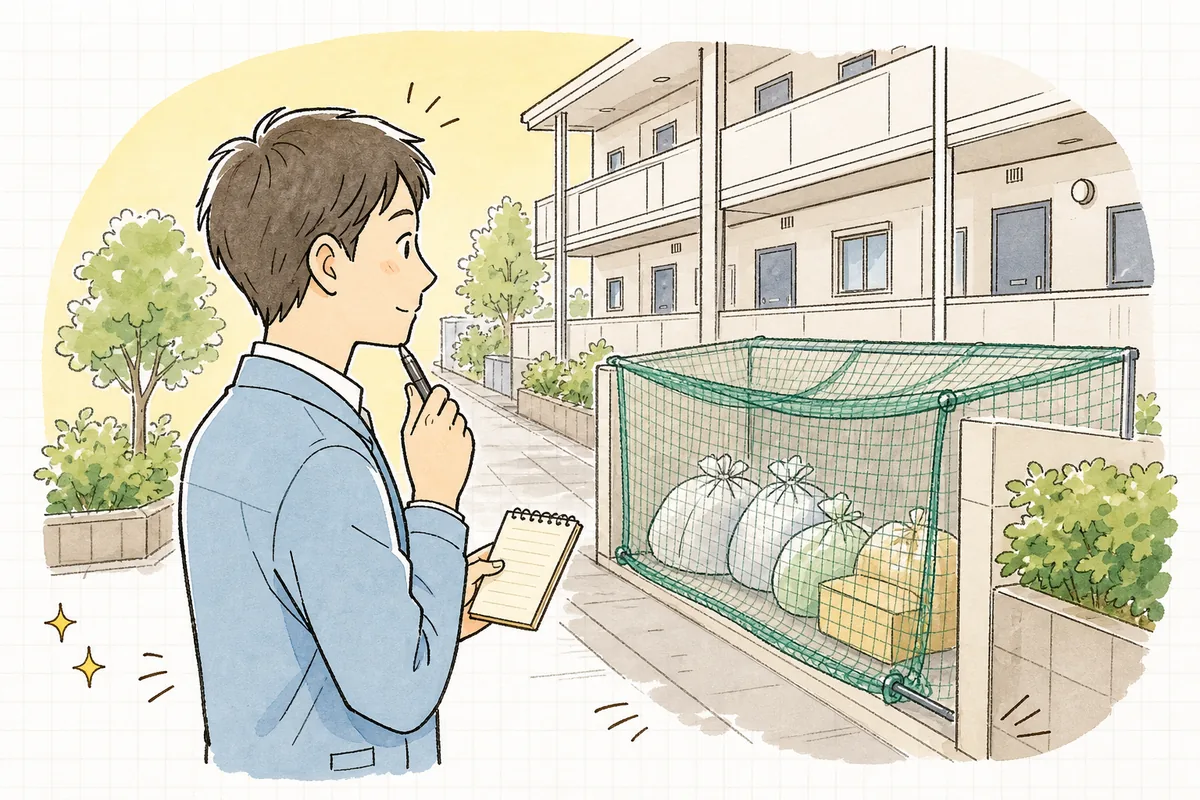 集合住宅のゴミ置き場の前で掲示文をどう書くか考える賃貸管理担当者