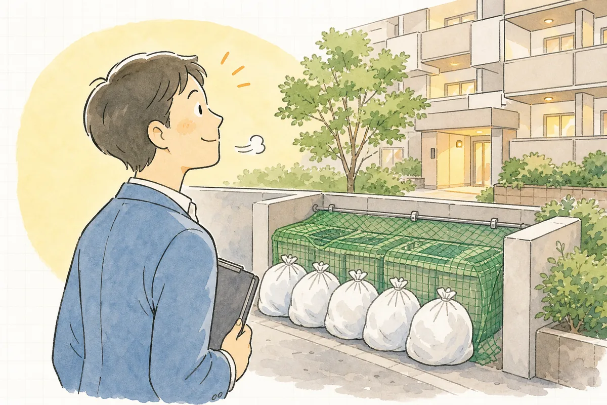 きれいに片づいたゴミ置き場を見て一息つく賃貸管理担当者