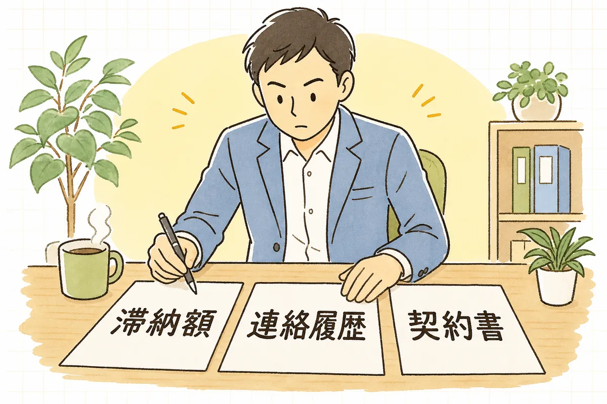 滞納額・連絡履歴・契約書の三つを机で整理してから連絡に進む賃貸管理担当者