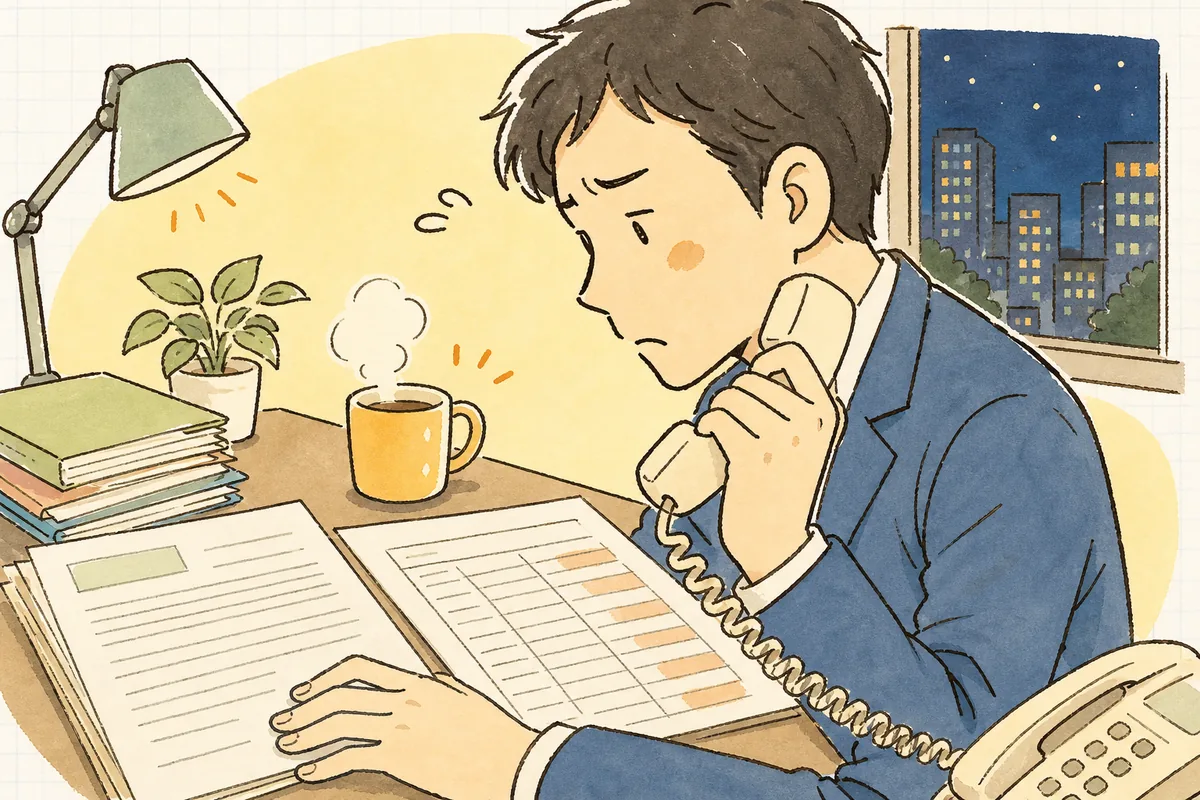 連帯保証人へ電話する前に契約書と滞納記録を見比べて考え込む賃貸管理担当者