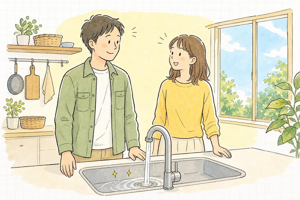排水トラブルが解決し、水が流れる様子を確認して息をつく賃貸管理担当者と入居者