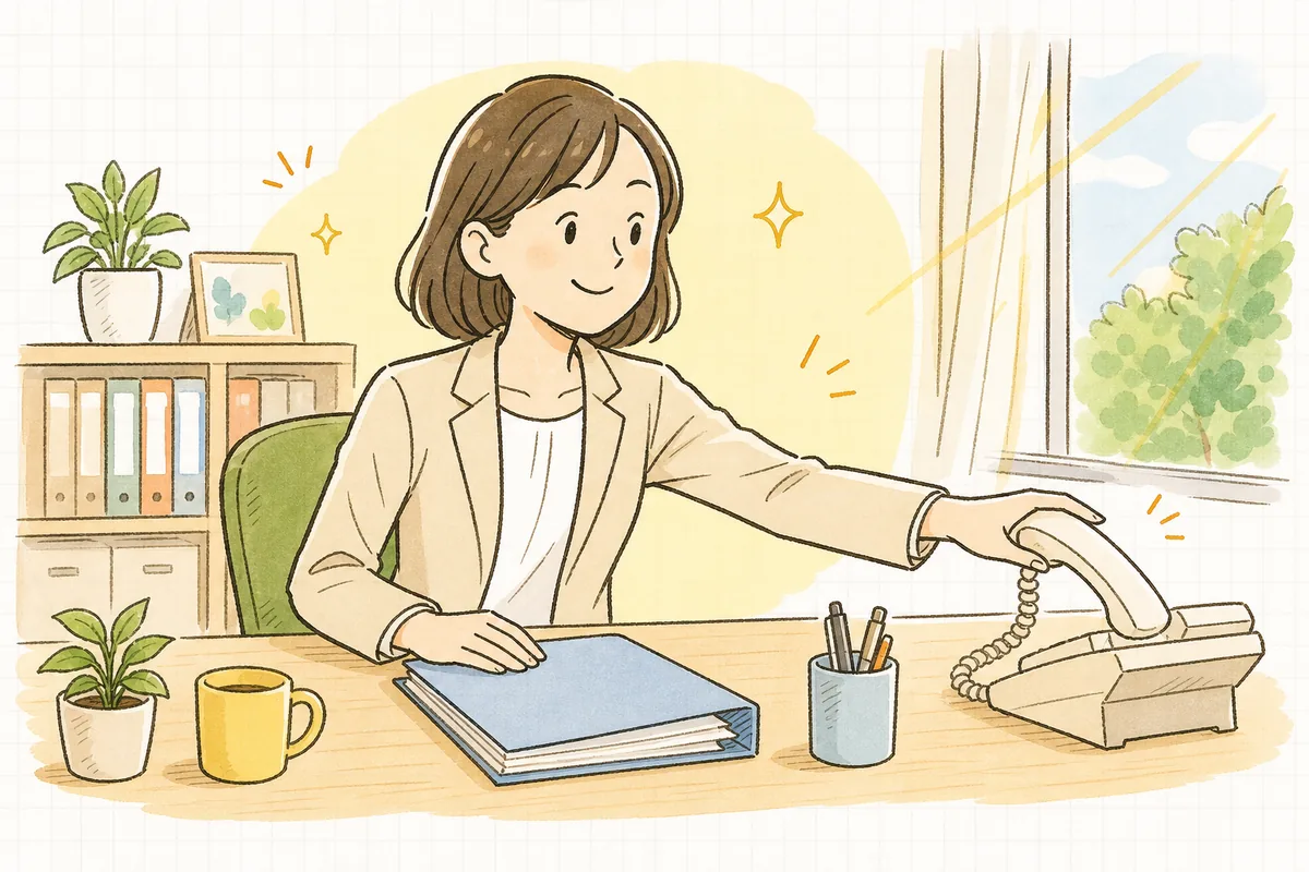 資料の確認を終えて、穏やかな表情で電話の受話器に手を伸ばす賃貸管理担当者