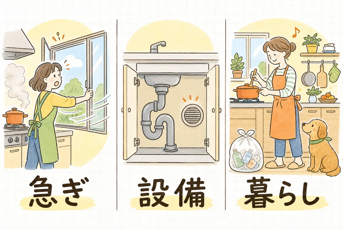 においの相談を「急ぎ」「設備」「暮らし」の三つに切り分けて示した図