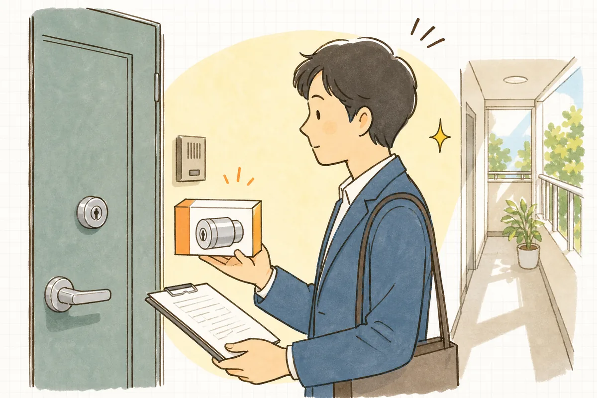 玄関ドアの前で新しいシリンダー錠と契約書を見比べ、鍵交換費用の負担を確かめる賃貸管理担当者