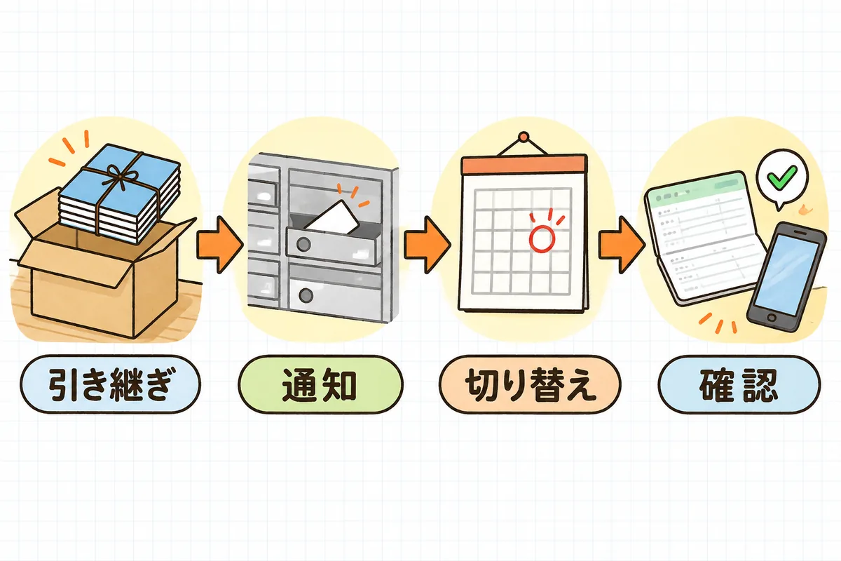 書類の束を受け取る手元、封筒を郵便受けに入れる場面、壁のカレンダー、通帳と電話の4つの絵の下に、引き継ぎ・通知・切り替え・確認のラベルが並んだ段取りの図