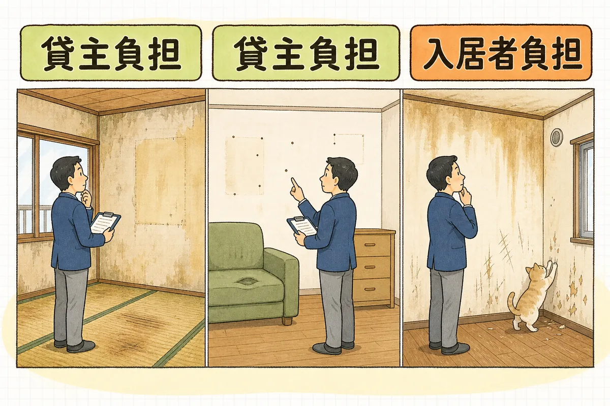 経年劣化・通常損耗・入居者負担の三つを見比べて区分する賃貸管理担当者