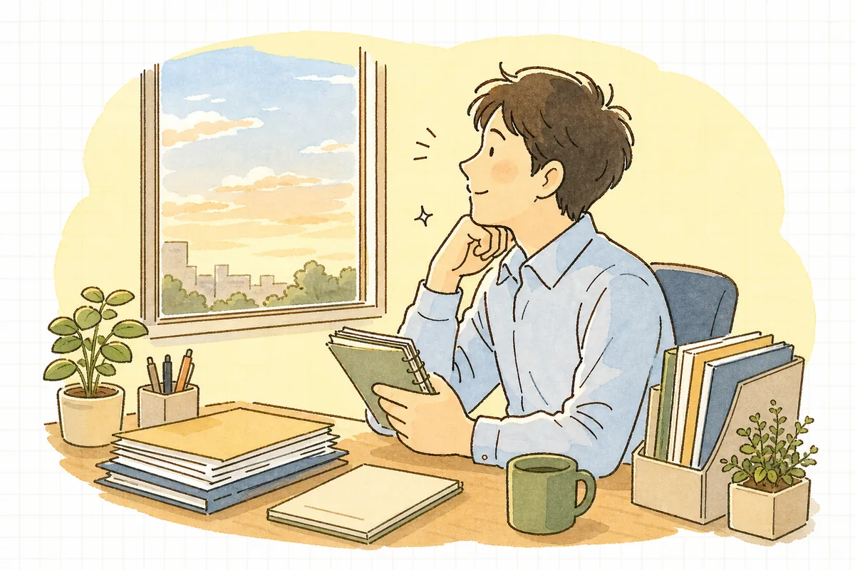 整理を終えた精算メモを手に窓辺で一息つく賃貸管理担当者