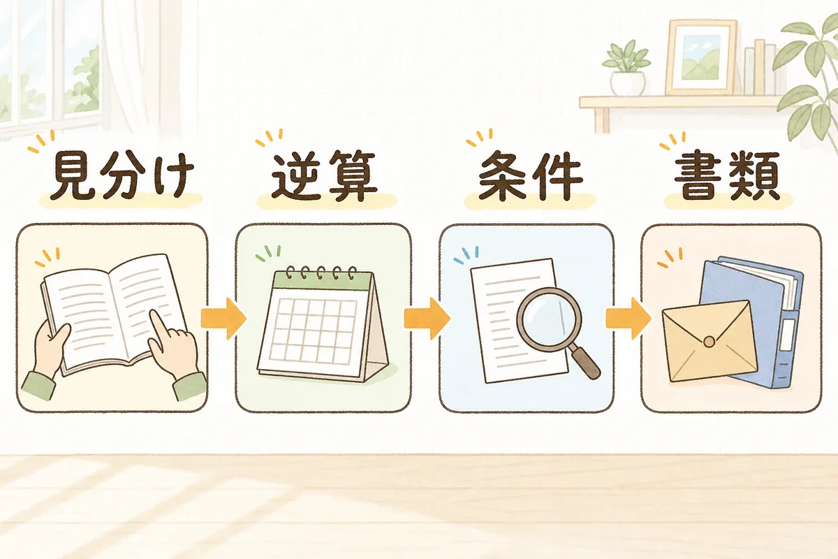 見分ける・逆算する・条件を確認する・書類を回収するという更新実務の四つの流れを示した図