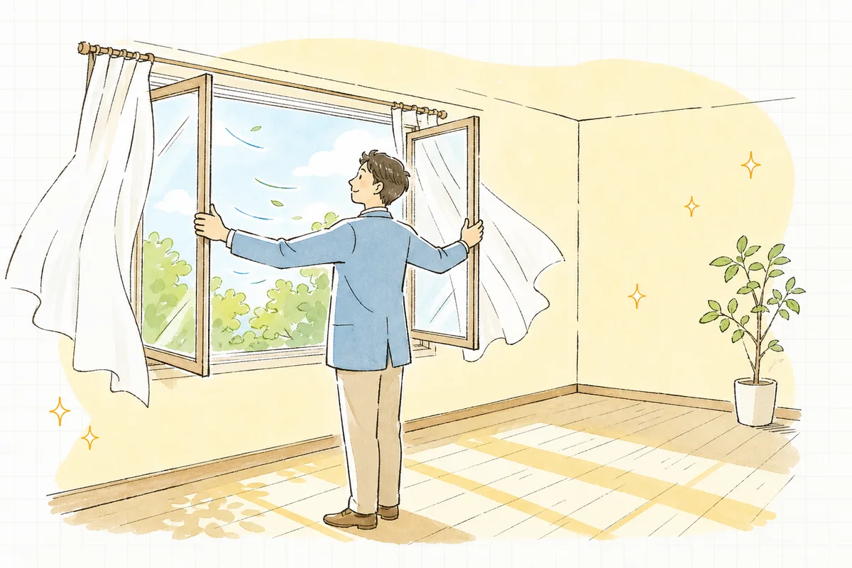片付いた部屋の窓を開け、外の光を入れる賃貸管理担当者