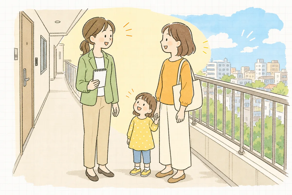 昼間の集合住宅の共用廊下で、子どもを連れた母親と穏やかに立ち話をしている賃貸管理担当者