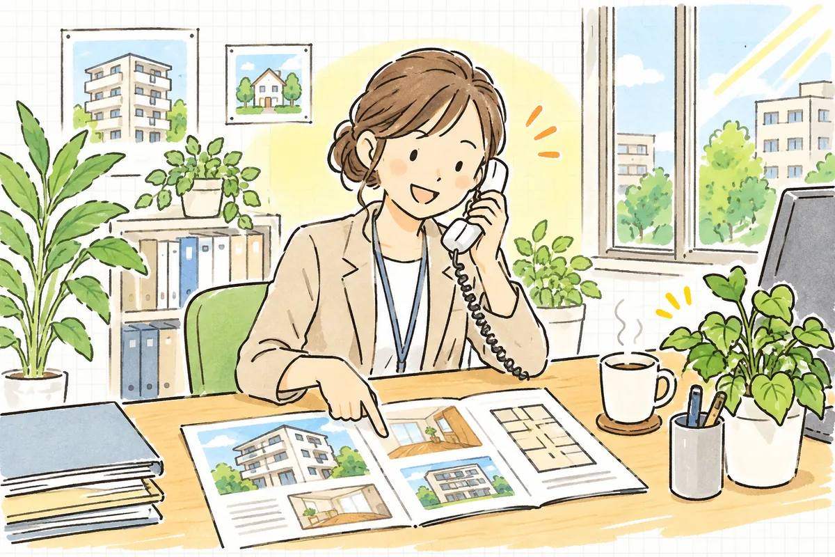 管理会社の机で、整理された写真つきの資料を見ながら電話で穏やかに話す賃貸管理担当者