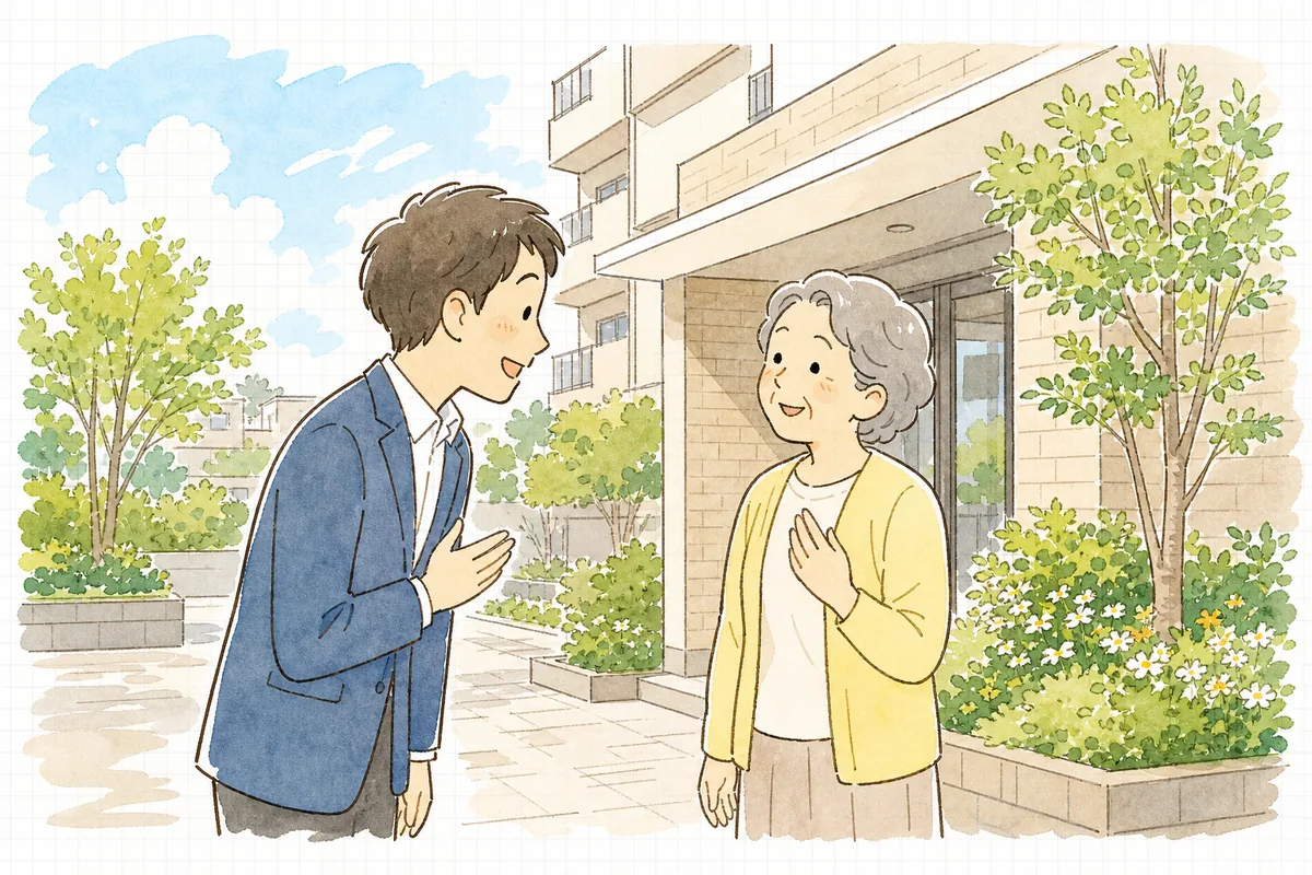 集合住宅の玄関先で、高齢の入居者と管理担当者が穏やかに笑顔で言葉を交わしている場面
