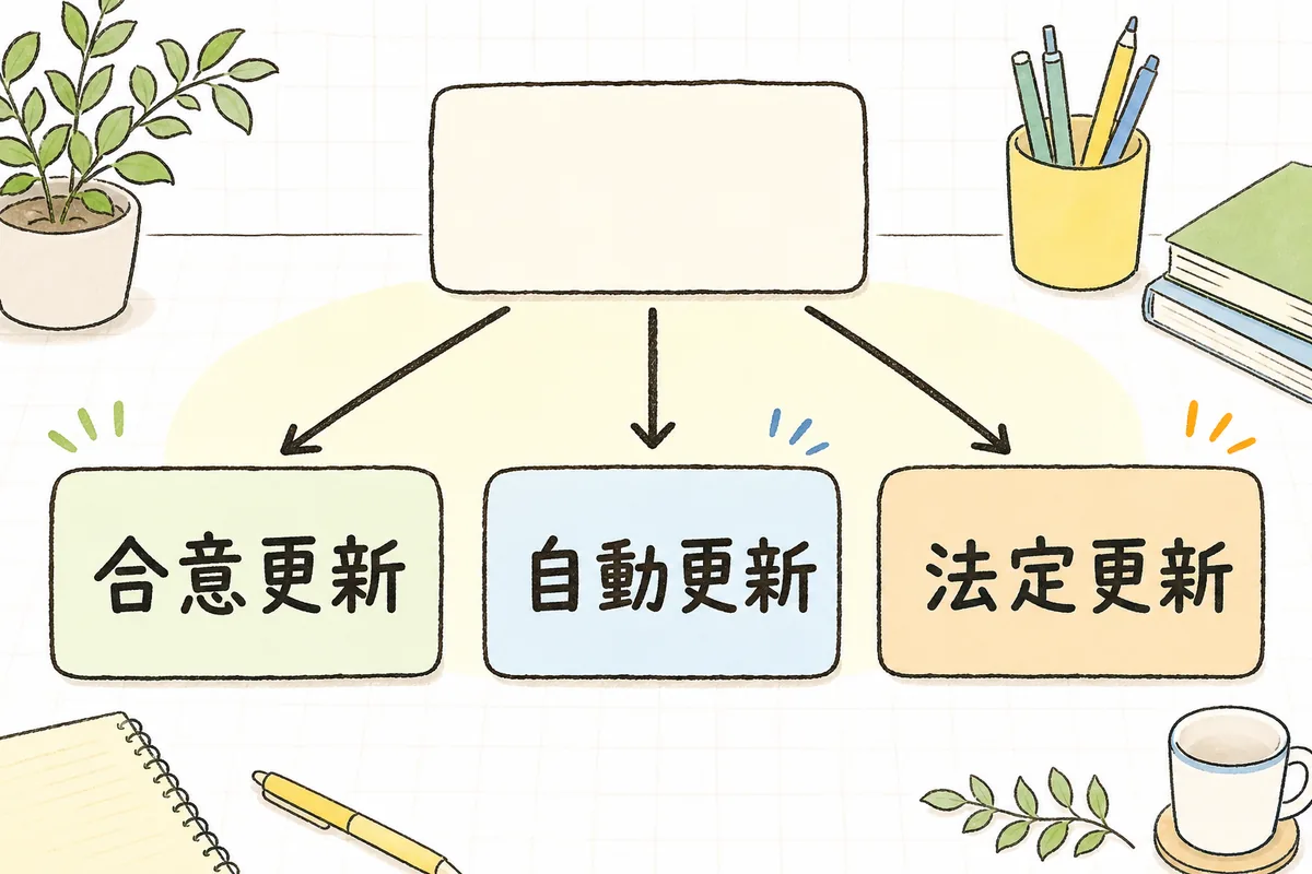 更新の申し出の有無で合意更新・自動更新・法定更新の三つに分かれる分岐図