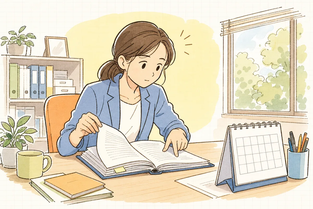 契約書の更新条項を指でたどりながら手元のカレンダーと見比べる賃貸管理担当者