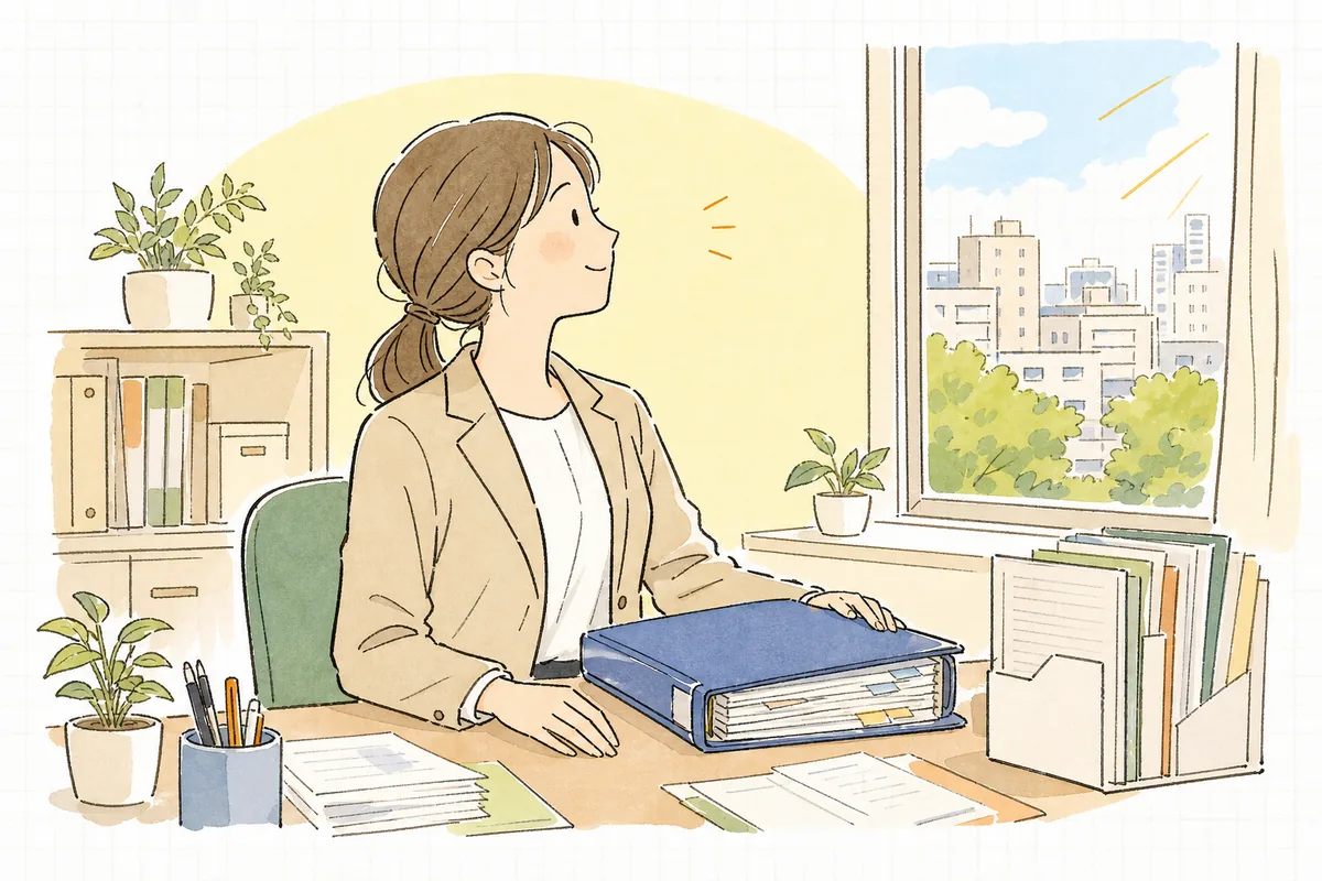 回収した保険証券の写しをファイルに綴じ終えて、穏やかな表情で顔を上げる賃貸管理担当者