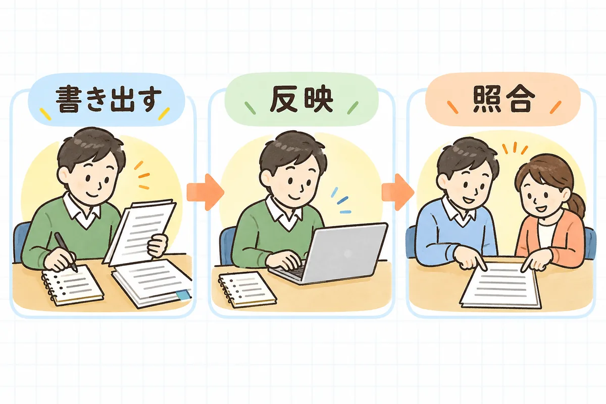 更新契約書づくりを「書き出す」「反映」「照合」の3段階で進める流れを示した図