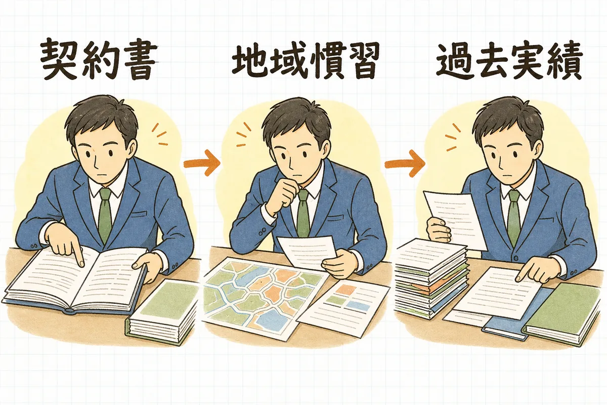 契約書・地域慣習・過去実績の三つを順に確認する流れ