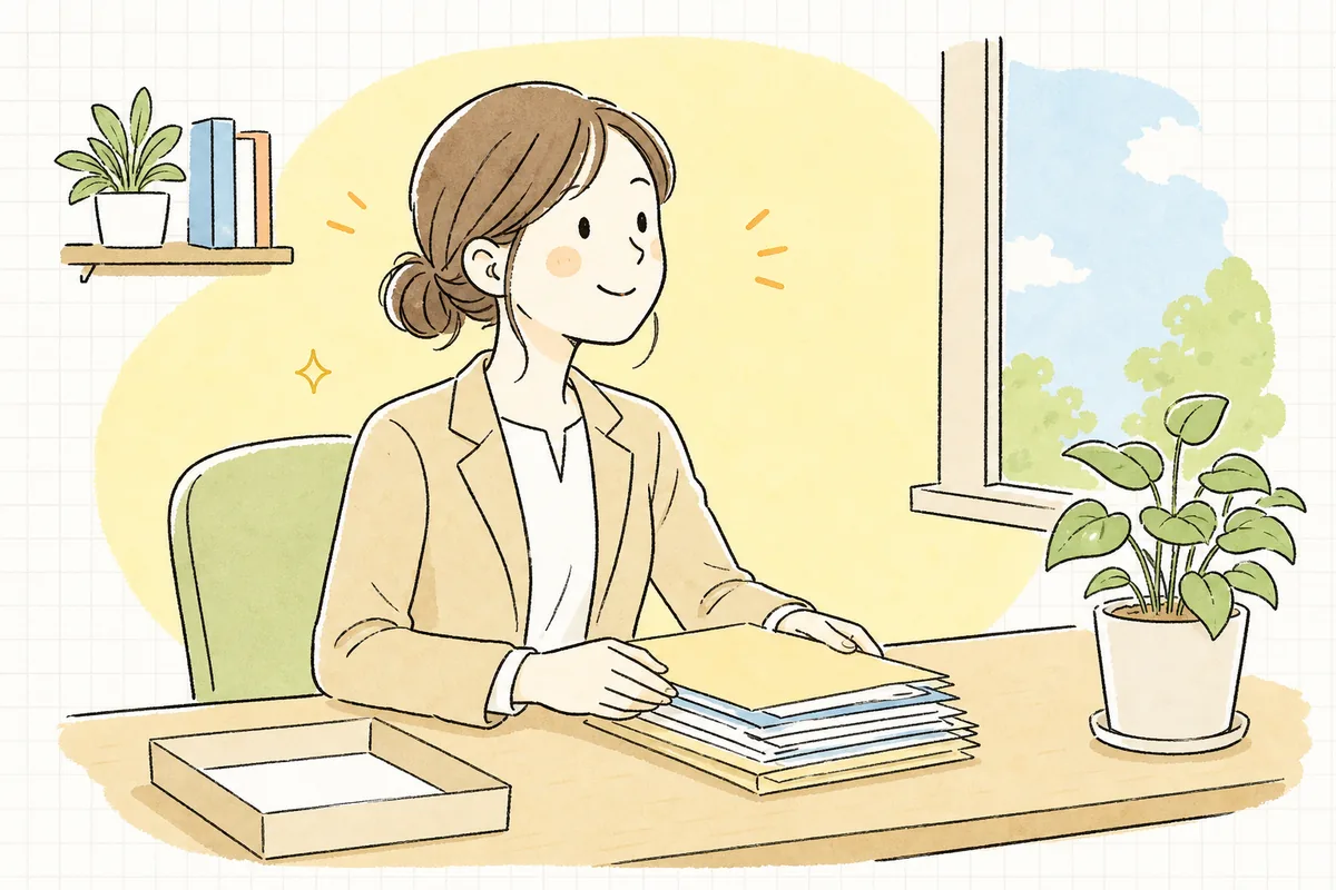 確認を終えた書類を整え、穏やかな表情で次の仕事に向かう賃貸管理担当者
