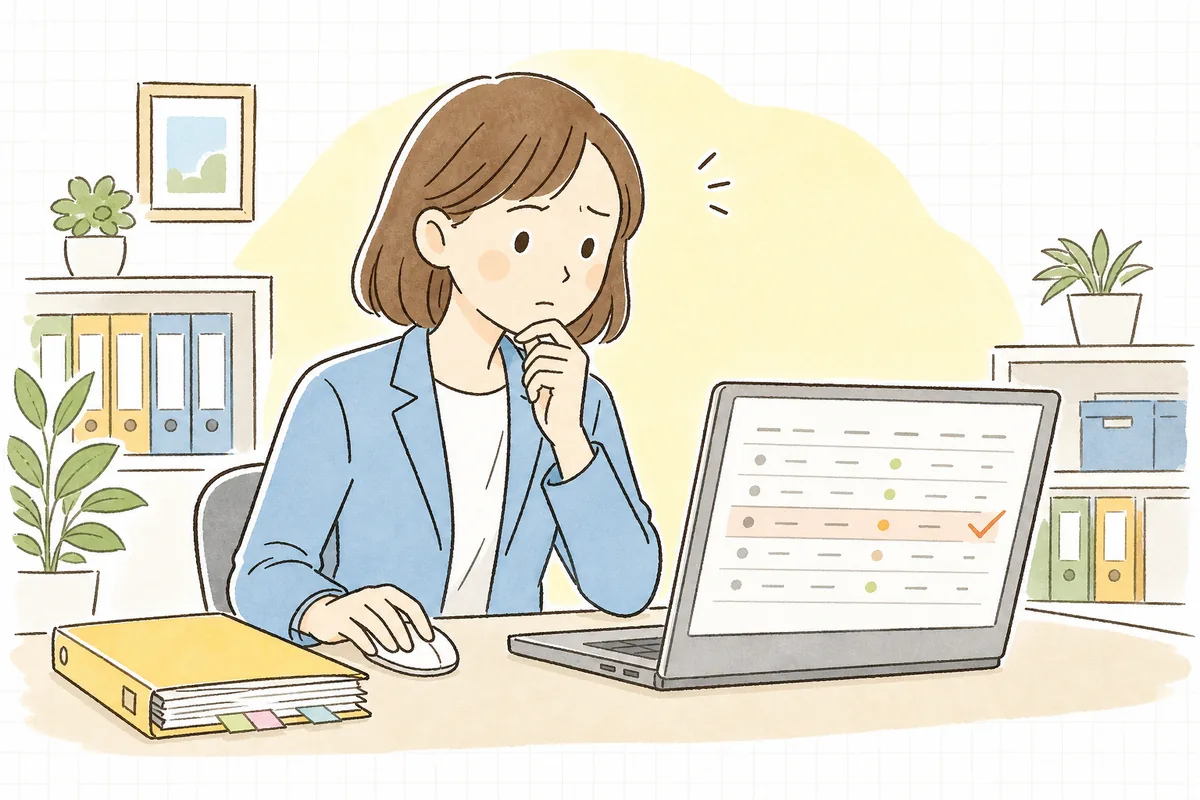 収納代行会社から届いた振替結果の一覧を見て、同じ入居者の振替不能が続いていることに気づき、考え込む賃貸管理担当者