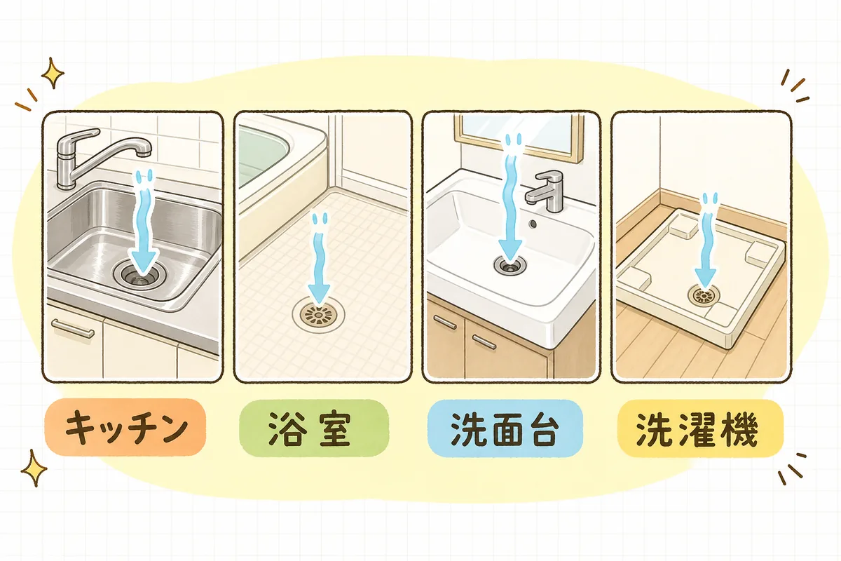 空室の巡回で水を流しておきたい4か所、キッチンのシンク・浴室の排水口・洗面台・洗濯機置場の排水口を横に並べた説明図