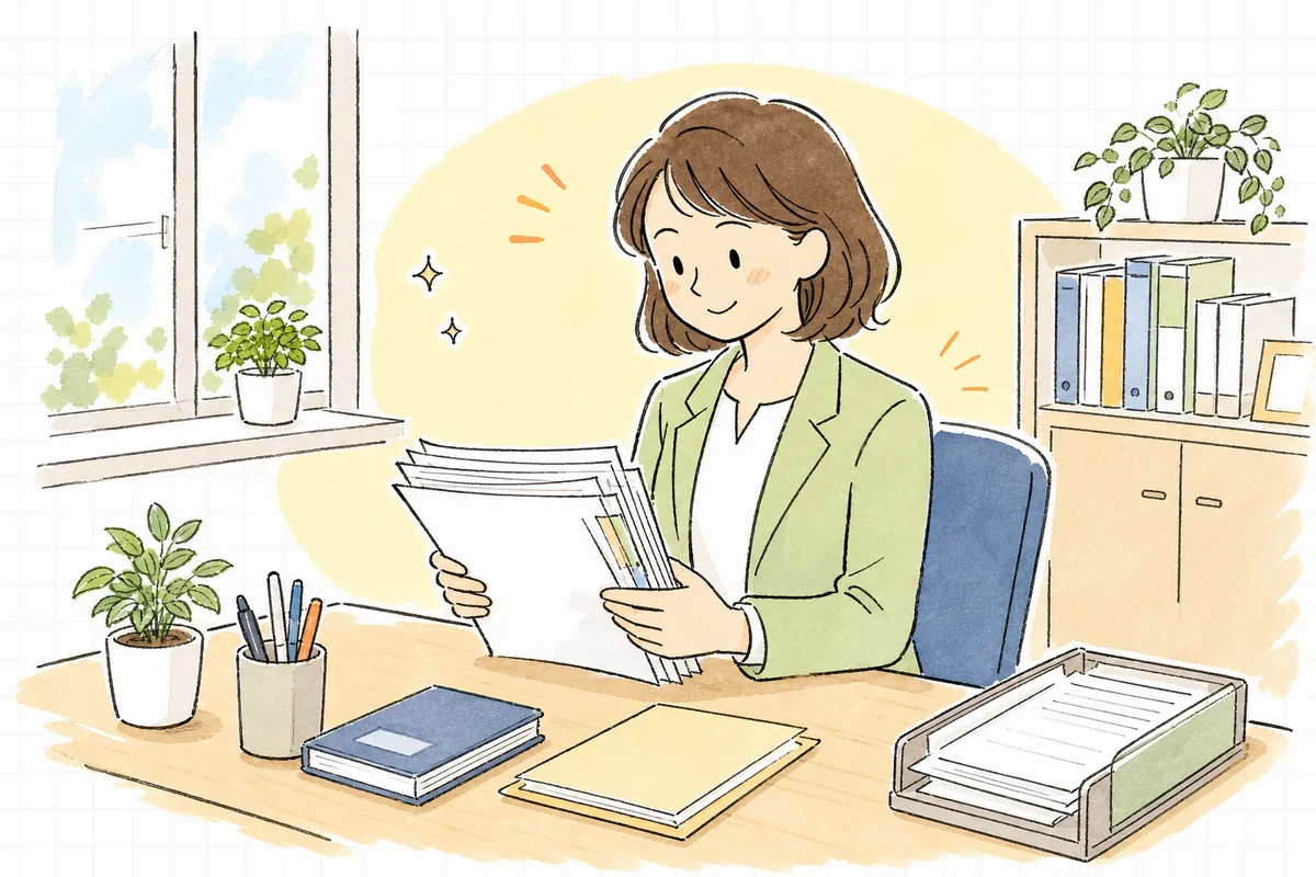 整理された契約一覧を前に穏やかな表情で次の予定を確認する賃貸管理担当者