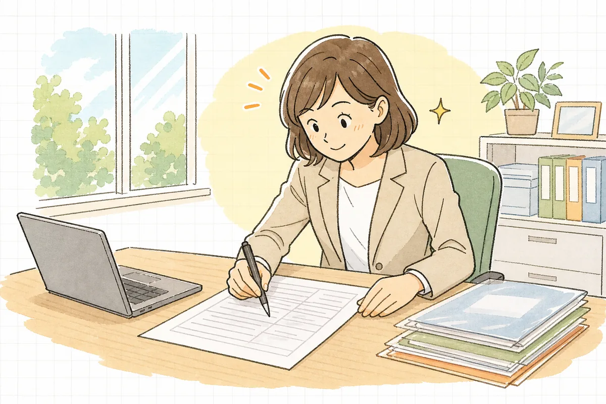 届いた入居申込書を机に広げ、記入内容を一項目ずつ確認している賃貸管理担当者
