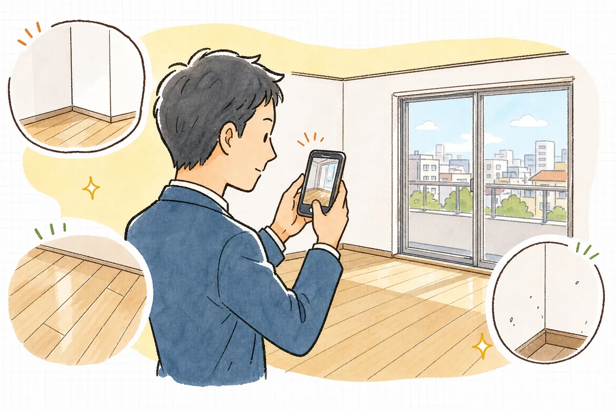 入居前の空室でスマートフォンを構えて室内を撮影する賃貸管理担当者