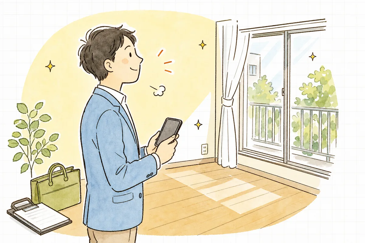明るい窓辺で記録を終えて穏やかな表情を見せる賃貸管理担当者