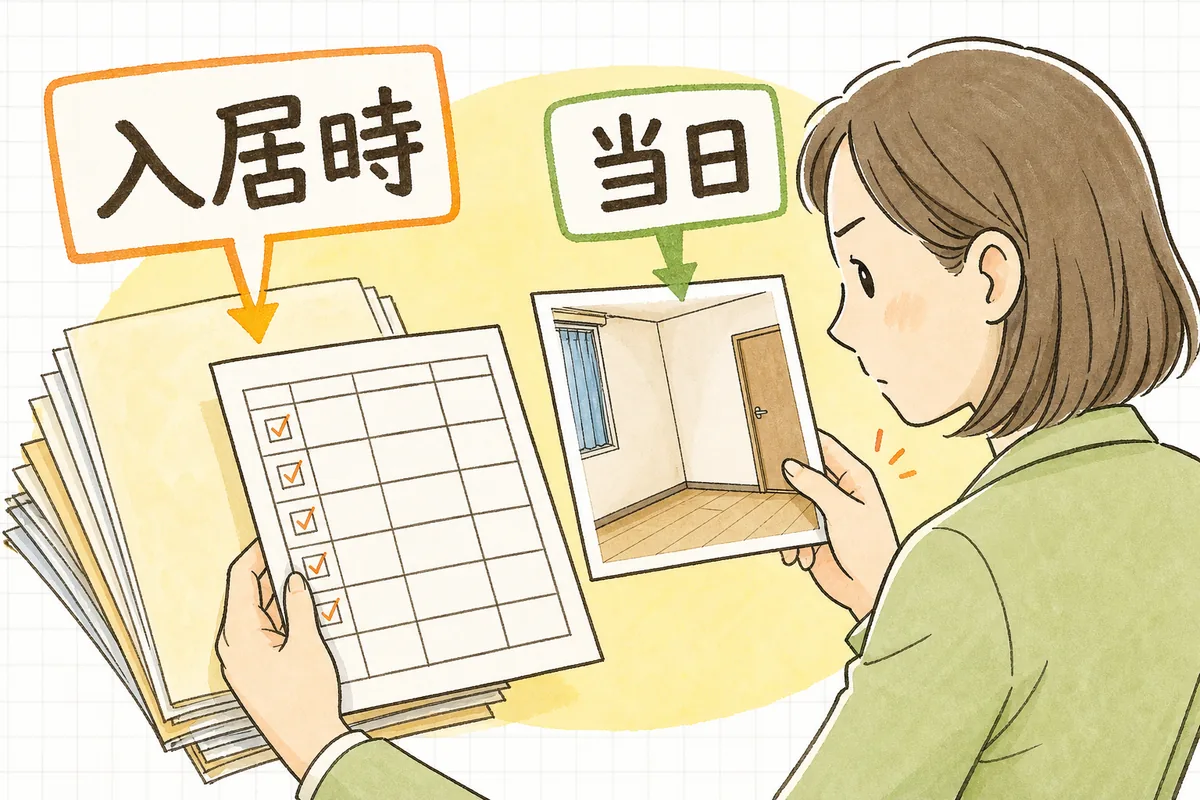 入居時の写真と当日の状態を一枚ずつつき合わせて確かめる賃貸管理担当者